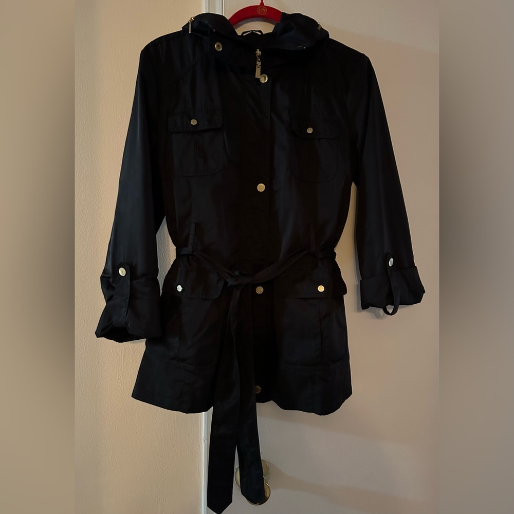Ellen Tracy Black Belted Techno Short Trench Coat